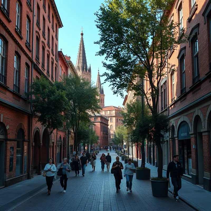 Une vue du centre historique de Toulouse avec des façades en brique et des passants.